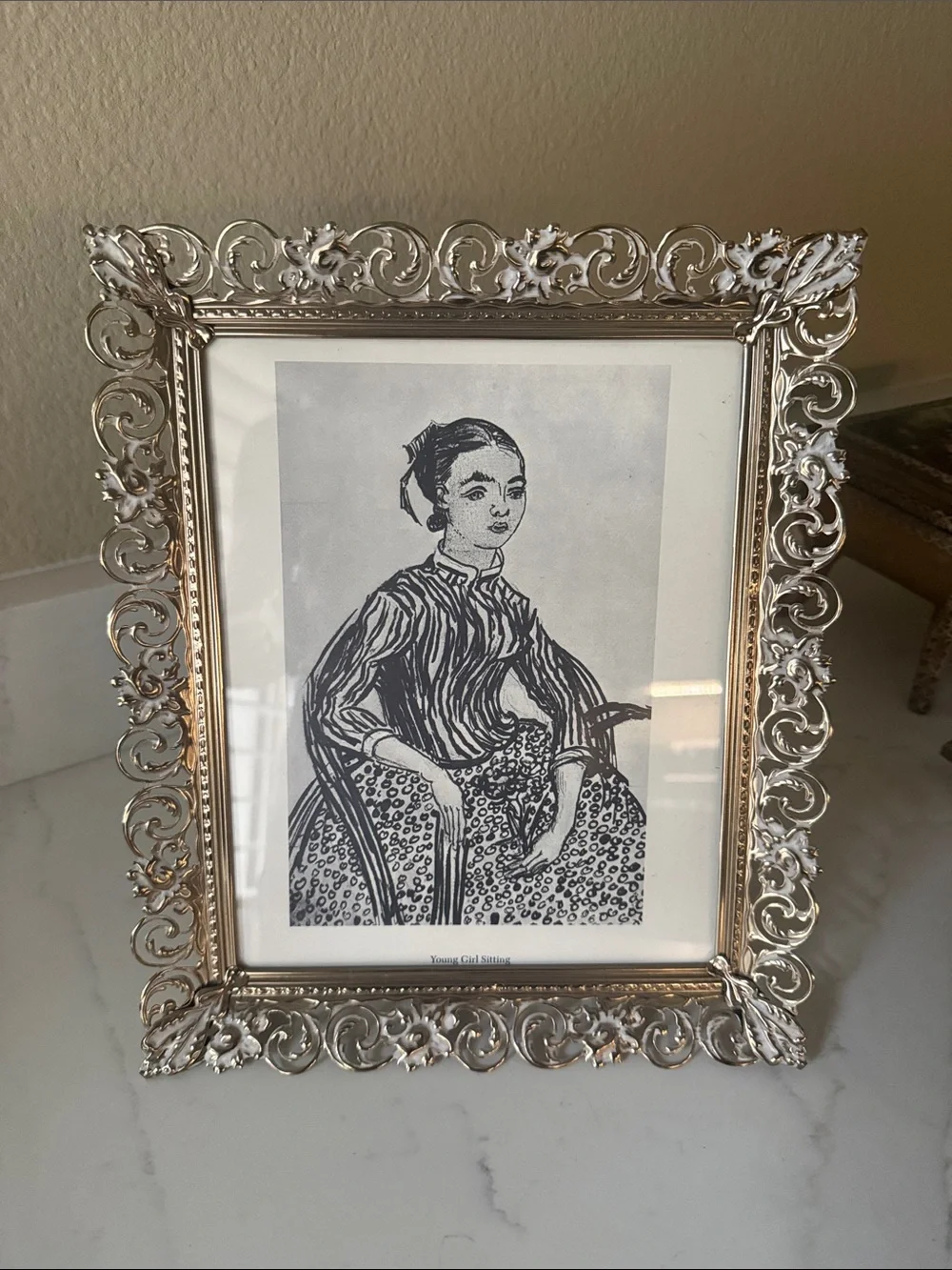 Vintage Gold Tone Ornate Picture Frame with Van Gogh Pencil Art